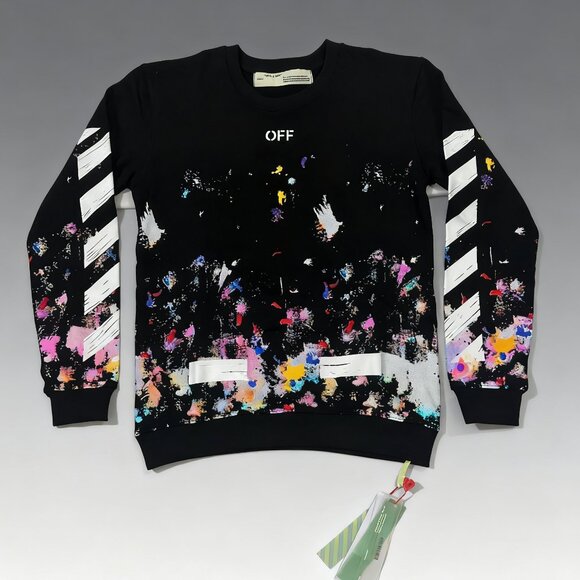 New Off-White White Print And Black Crewneck Sweatshirt - Picture 1 of 8